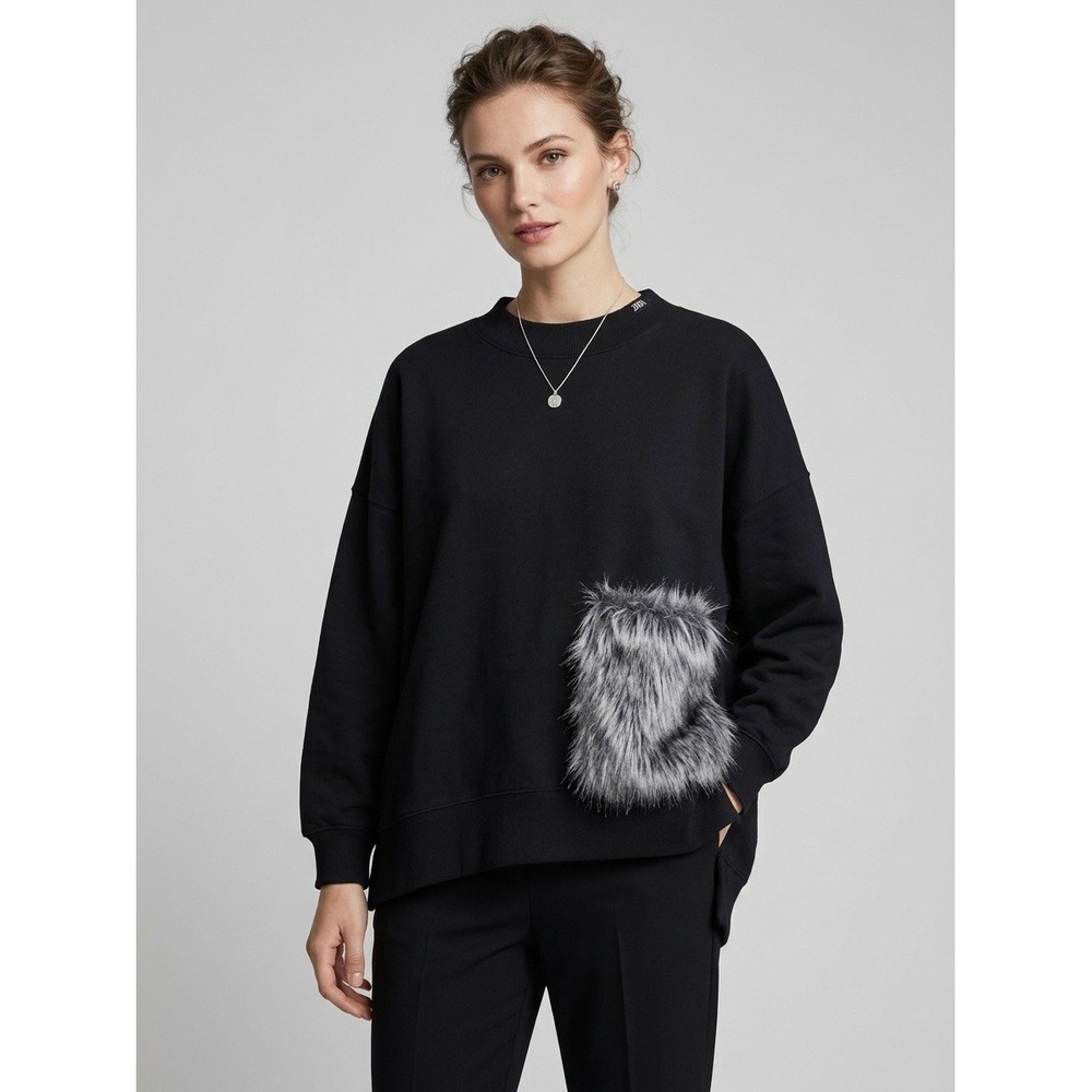 Zara Women Black Faux Fur Pocket Oversized Sweatshirt Crew Neck Small
